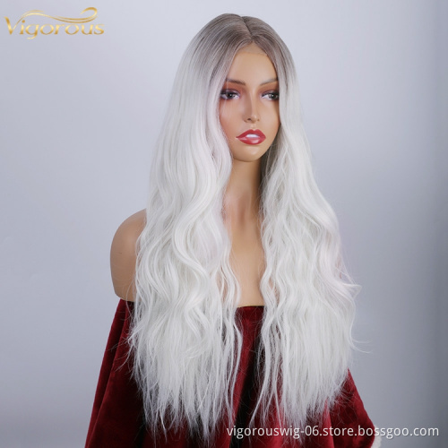 Best Selling Supplier Synthetic Hair Wig With Lace Long Body Wave Ombre White Color Hair Good Private Label Cheap Price